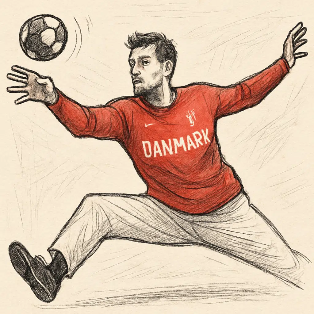 Niklas Landin i dansk landsholdstrøje koncentreret i målet under en håndboldkamp