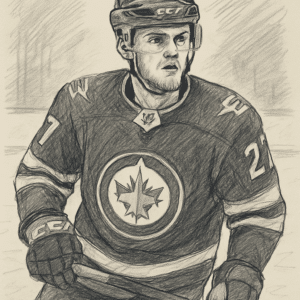 Nikolaj Ehlers i Winnipeg Jets-uniform på isen, portræt til artikel om hans løn i 2023.