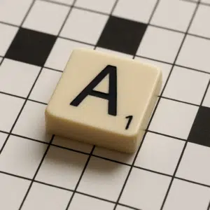 Scrabble-brik med bogstavet A placeret på et krydsordsark, der symboliserer danske ord med 1 bogstav.