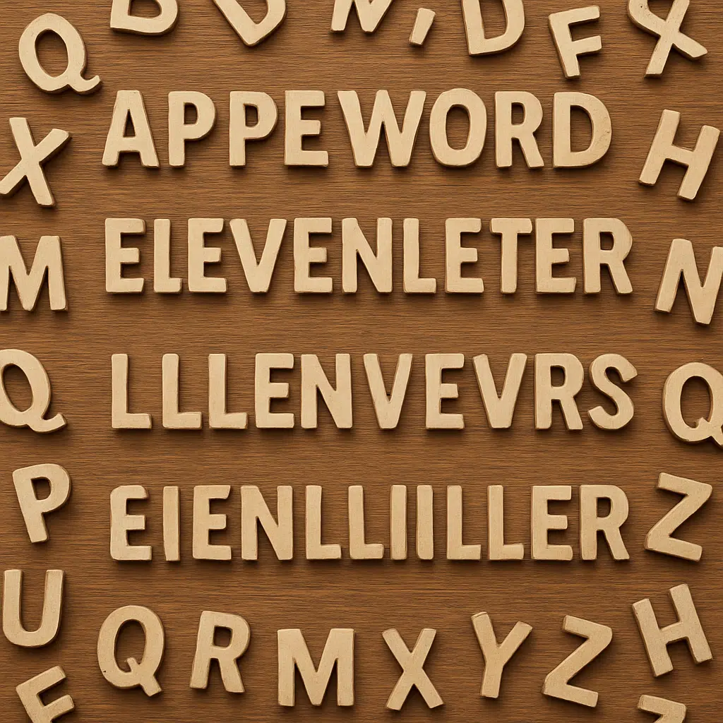Spredte træbogstaver på bord danner sjove ord med 11 bogstaver til krydsord, Scrabble og ordleg.