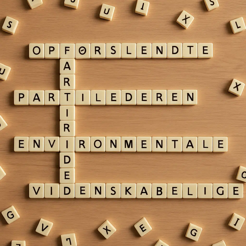 Scrabble-brikker spredt på bord, der danner ord med 14 bogstaver fra vores ultimative 101+ krydsord- og Scrabble-liste