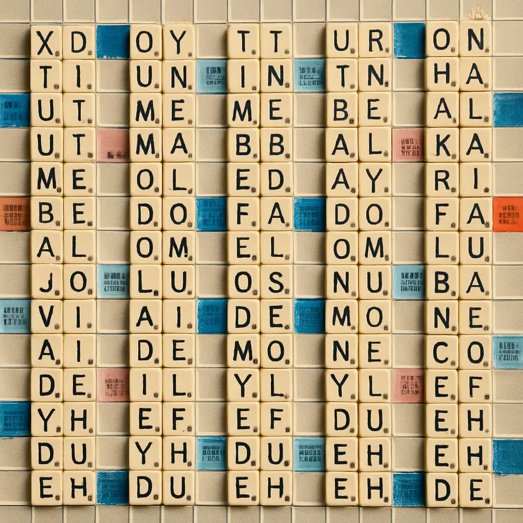 Spillebræt med bogstaver og alle 2-bogstavsord til Wordfeud, Scrabble og krydsord