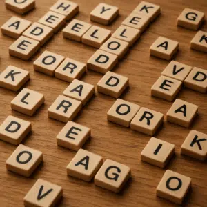 Scrabble-brikker med danske ord med 3 bogstaver spredt på et træbord til krydsord og spil
