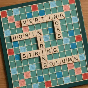 Scrabble-spil med træbrikker, der danner flere ord med 6 bogstaver på brættet.