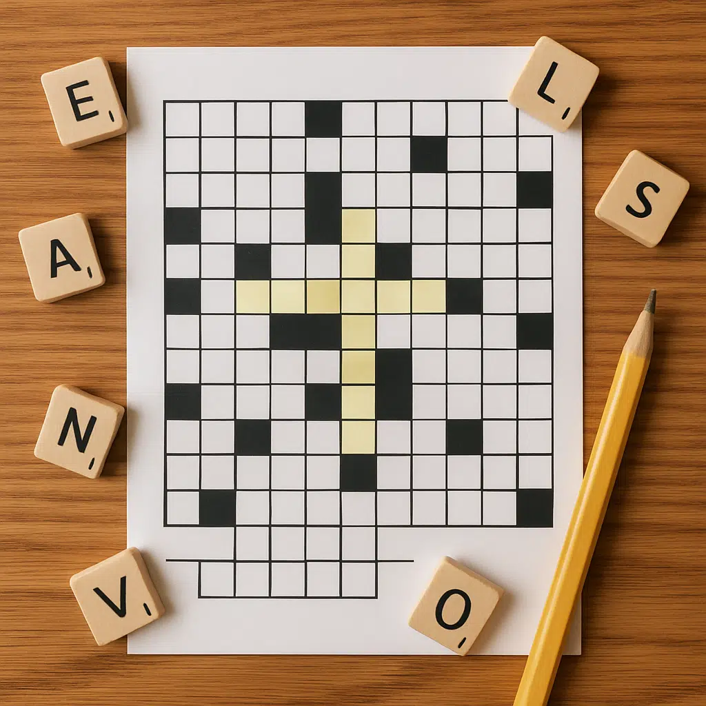 Krydsord med fremhævede ord med 7 bogstaver omgivet af Scrabble-brikker og en blyant på et træbord.