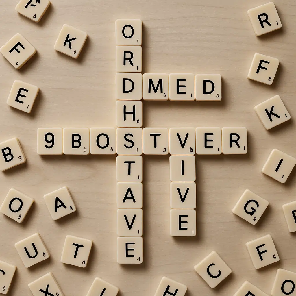 Scrabble-brikker spredt på et bord danner ord med 9 bogstaver som kreativ idé til krydsord og spil