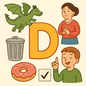 Illustration af stort bogstav D omgivet af danske ord der starter med D som ’drage’, ’damen’ og ’dygtig’ samt korte eksempler