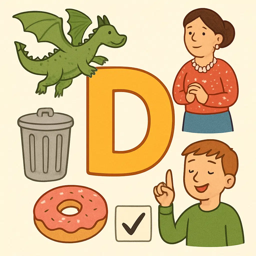 Illustration af stort bogstav D omgivet af danske ord der starter med D som ’drage’, ’damen’ og ’dygtig’ samt korte eksempler
