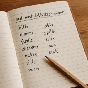 Håndskrevet liste over danske ord med dobbeltkonsonant på åbent noteshæfte med blyant.