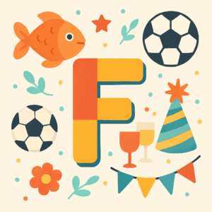 Stort, farverigt bogstav F omgivet af ikoner og eksempler på danske F-ord som fisk, fodbold og fest på en lys baggrund, der symboliserer ord, der starter med F