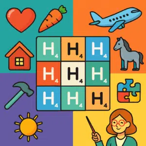 Farverig infografik med eksempler på ord der starter med H til Scrabble, krydsord og undervisning
