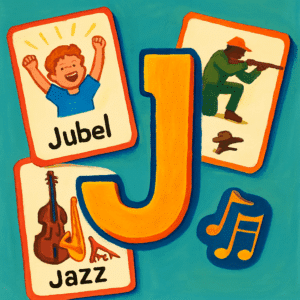 Illustration af bogstavet J i livlige farver omgivet af kort med eksempler på ord der starter med J, som jubel, jagt og jazz