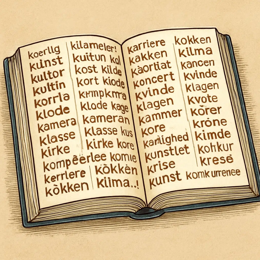 Illustration af en åben ordbog med 100+ fremhævede danske ord der starter med K, fx kunst, kærlighed og klima.