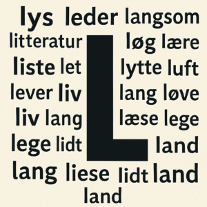 Grafisk illustration med stort bogstav L omgivet af danske ord, der alle starter med L