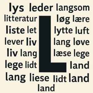 Grafisk illustration med stort bogstav L omgivet af danske ord, der alle starter med L