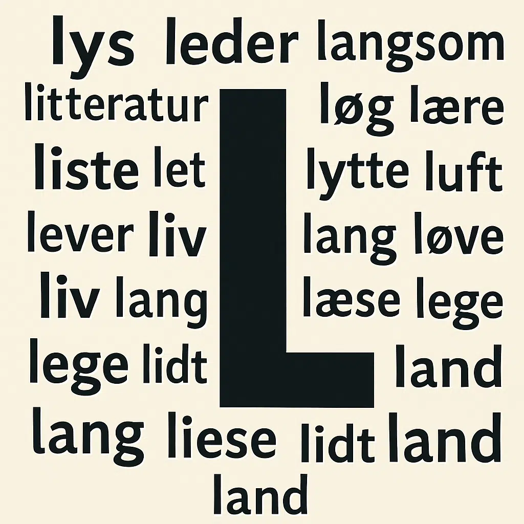 Grafisk illustration med stort bogstav L omgivet af danske ord, der alle starter med L