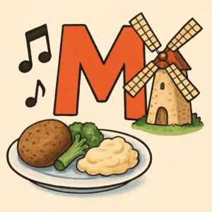 Illustration af bogstavet M omgivet af eksempler som mad, musik og mølle – ord der starter med M