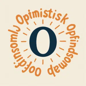 Grafisk illustration af bogstavet O omgivet af ord der starter med o, fx optimistisk, originalitet og opfindsomhed.