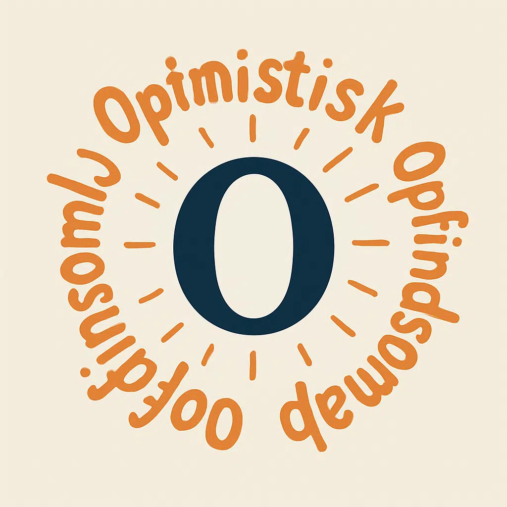 Grafisk illustration af bogstavet O omgivet af ord der starter med o, fx optimistisk, originalitet og opfindsomhed.