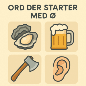 Illustration af ord der starter med Ø og ikoner som østers, øl, økse og øre.