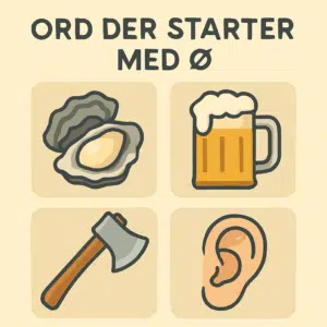 Illustration af ord der starter med Ø og ikoner som østers, øl, økse og øre.