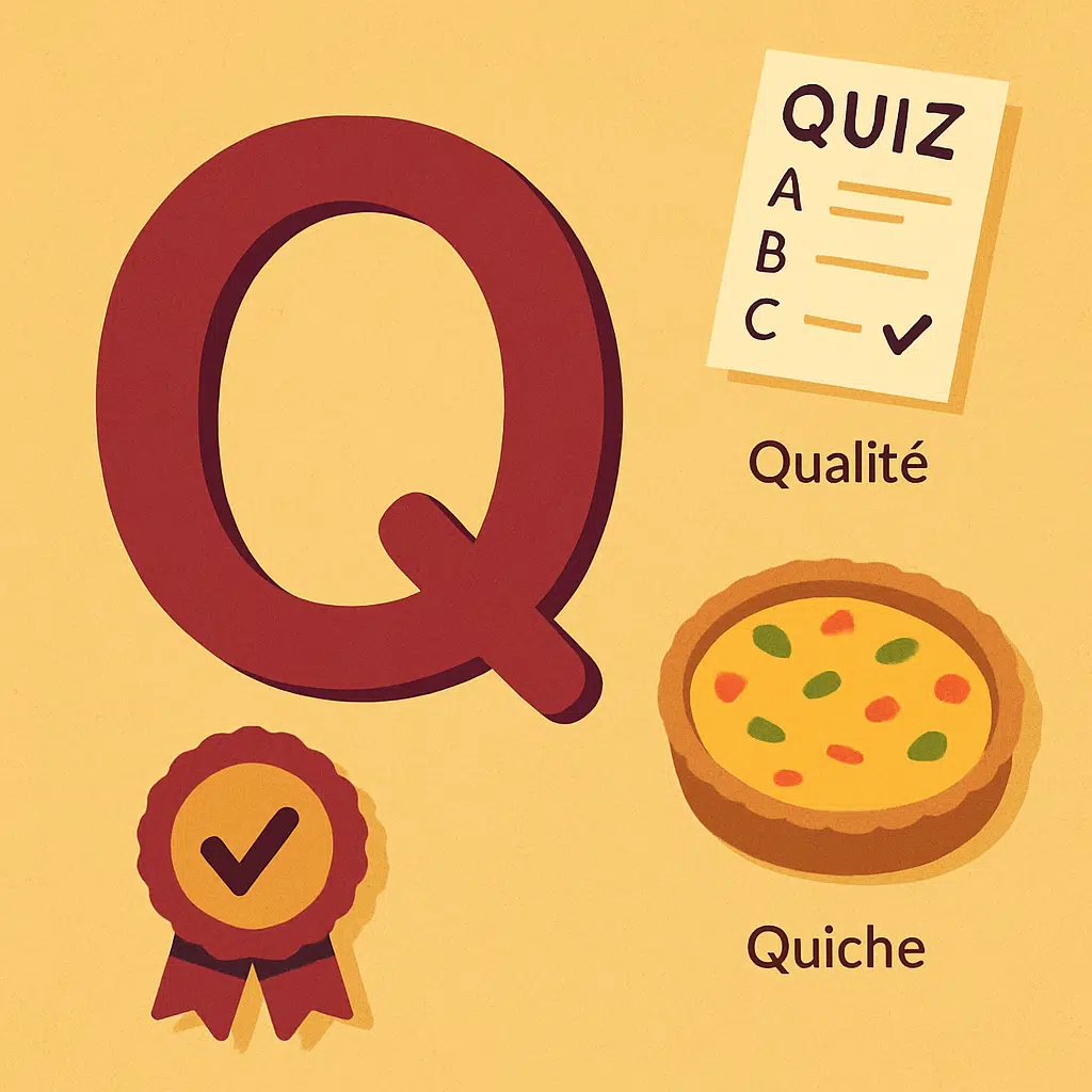Bogstavet Q omgiver eksempler på ord der starter med Q—quiz, kvalitet og quiche—med små brugstips.