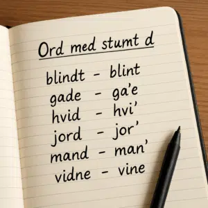 Nærbillede af åben notesbog med overskriften ’Ord med stumt d’ og eksempler på danske ord med stumt d, hvor udtalen er fremhævet.