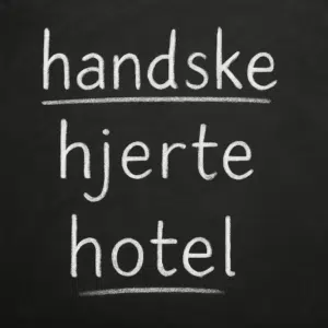 Nærbillede af sort kridttavle med hvide eksempler på danske ord med stumt h som ’handske’, ’hjerte’ og ’hotel’.