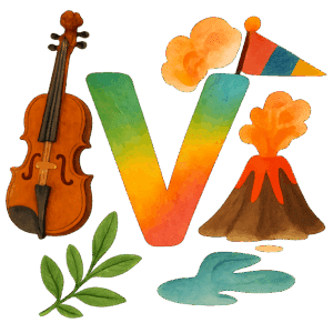 Farverige bogstaver formet som V omgivet af ord der starter med v, fx violin, vulkan og vimpel