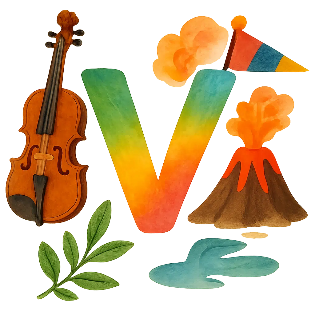 Farverige bogstaver formet som V omgivet af ord der starter med v, fx violin, vulkan og vimpel