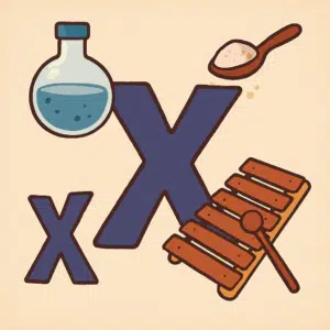 Illustration af en stor bogstav X omgivet af danske ord som xenon, xylitol og xylofon – visuel guide til ord der starter med X