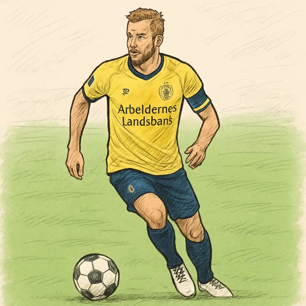 Fodboldspilleren Patrick Mortensen i kamptrøje på grøn bane illustrerer artikel om Patrick Mortensen løn 2024