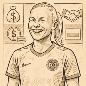 Pernille Harder smilende i fodboldtrøje foran sponsorlogoer, symboliserer pernille harder løn 2024, bonusser og sponsoraftaler