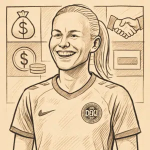 Pernille Harder smilende i fodboldtrøje foran sponsorlogoer, symboliserer pernille harder løn 2024, bonusser og sponsoraftaler