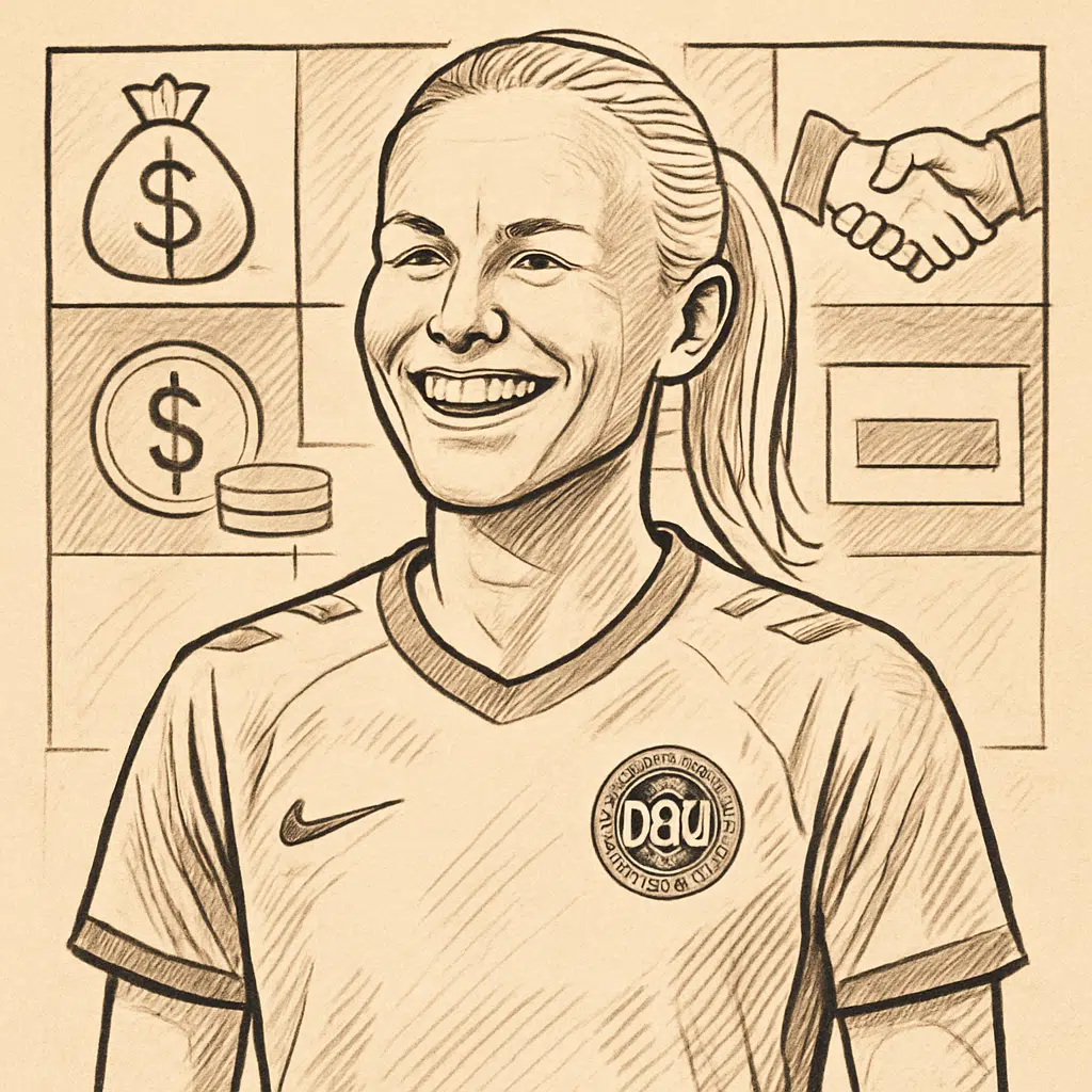 Pernille Harder smilende i fodboldtrøje foran sponsorlogoer, symboliserer pernille harder løn 2024, bonusser og sponsoraftaler