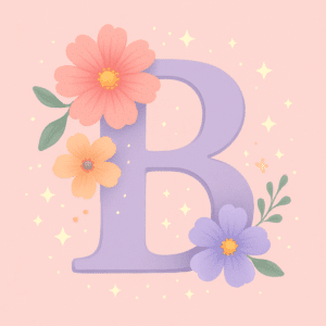 Dekorativt pastelfarvet bogstav B med blomster og fint stjernedrys, der symboliserer smukke og unikke pigenavne der starter med B i 2024