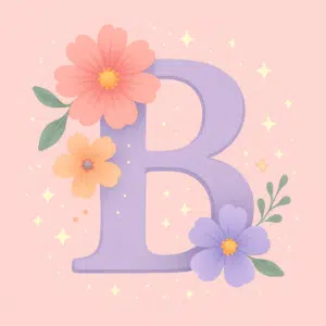 Dekorativt pastelfarvet bogstav B med blomster og fint stjernedrys, der symboliserer smukke og unikke pigenavne der starter med B i 2024
