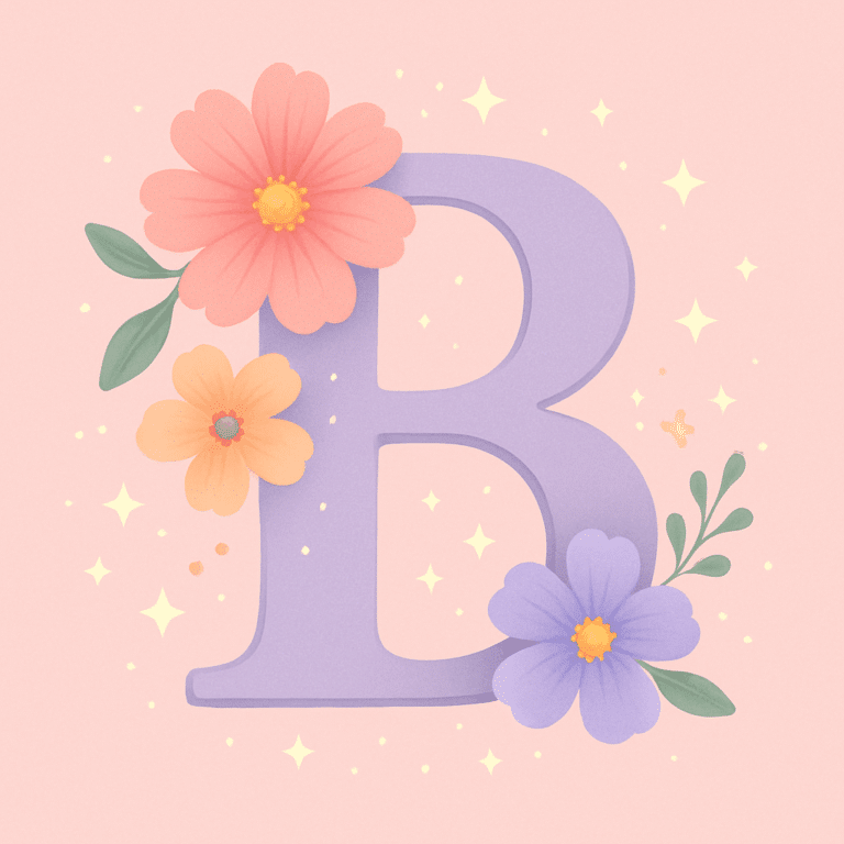 Dekorativt pastelfarvet bogstav B med blomster og fint stjernedrys, der symboliserer smukke og unikke pigenavne der starter med B i 2024