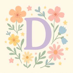 Pastelfarvet bogstav D omgivet af blomster og stjerner, symboliserer 75 smukke og unikke pigenavne.