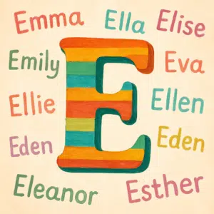 Farverigt træbogstav E omgivet af pigenavne, der starter med E, som Emma, Ella og Elise