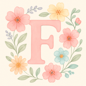 Bogstavet F i pastelfarver omgivet af blomster – symbol på smukke pigenavne, der starter med F