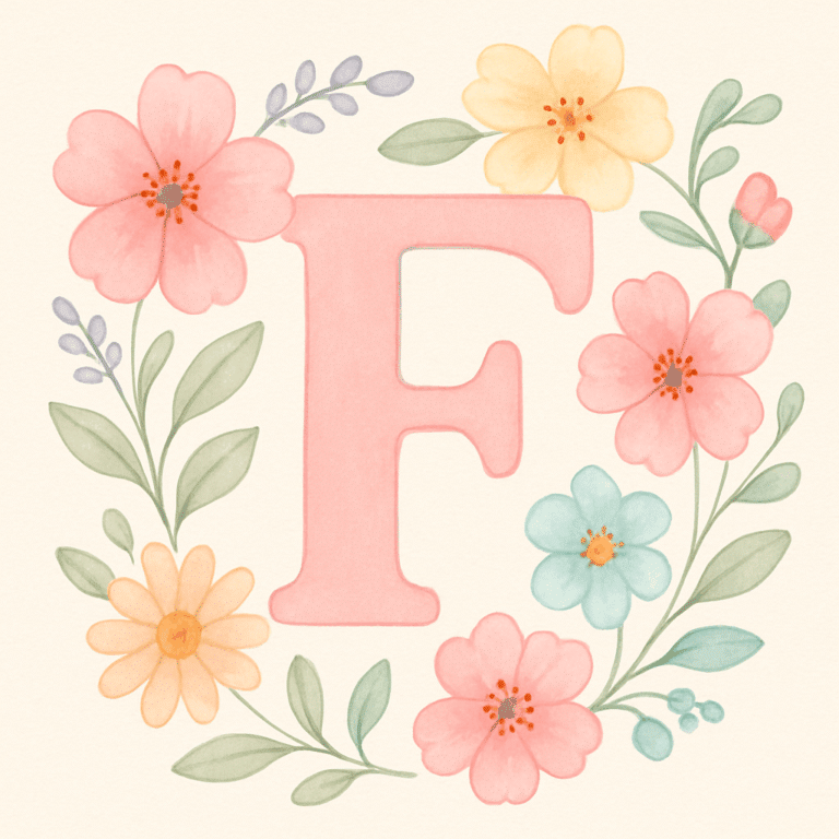 Bogstavet F i pastelfarver omgivet af blomster – symbol på smukke pigenavne, der starter med F