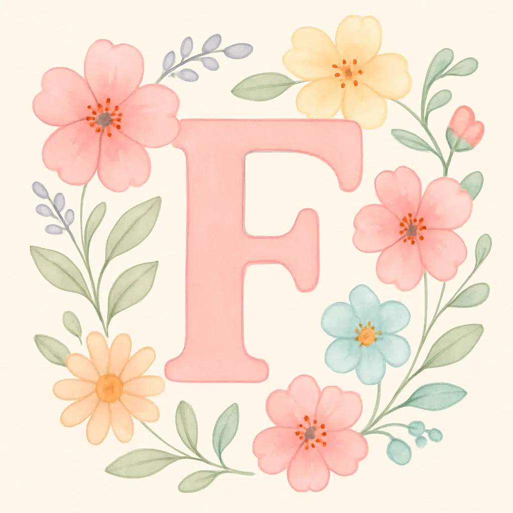 Bogstavet F i pastelfarver omgivet af blomster – symbol på smukke pigenavne, der starter med F