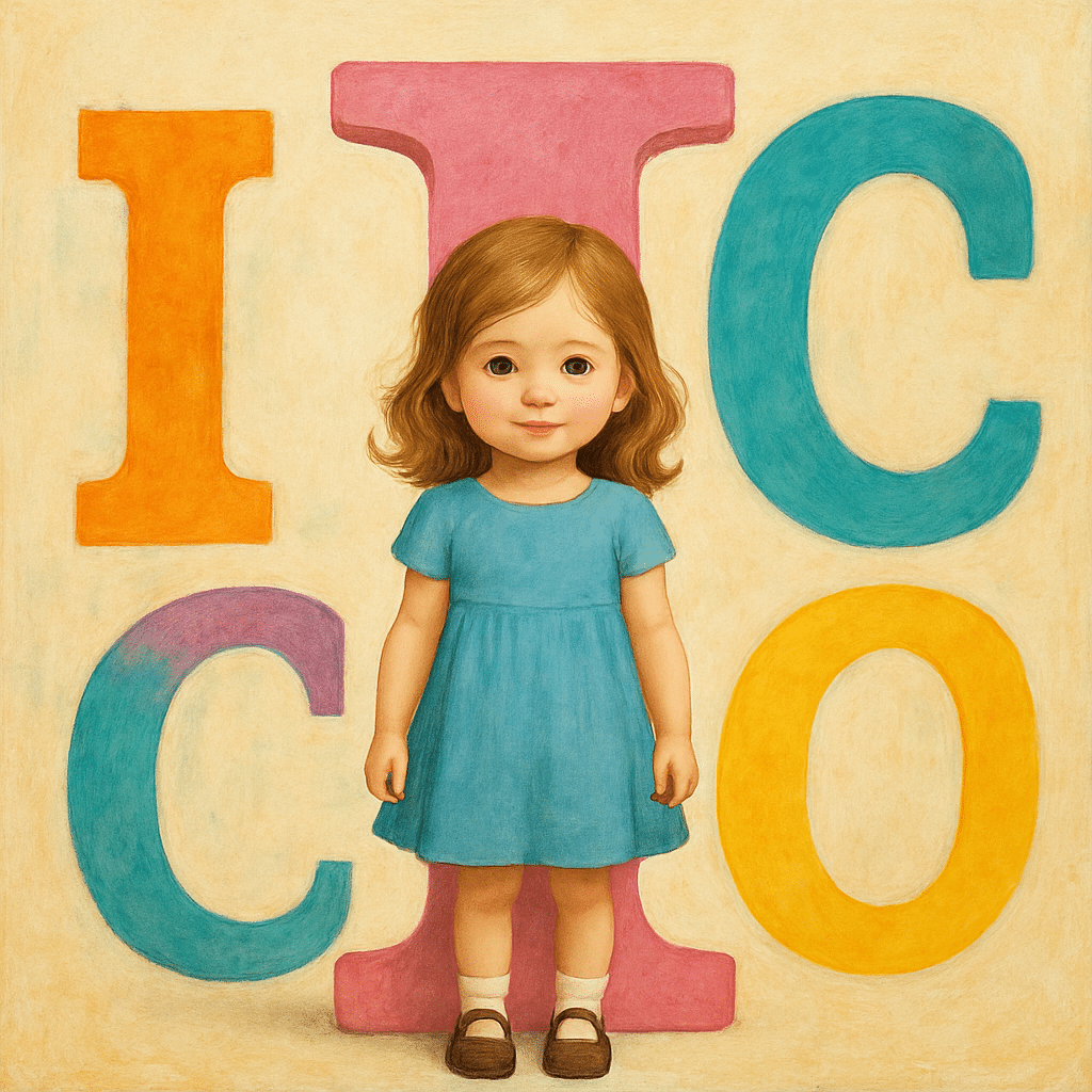 Lille pige foran farverige bogstaver I, symbol på unikke og smukke pigenavne med I