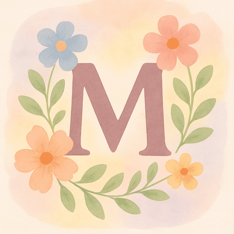 Illustration af bogstavet M omgivet af bløde pastelfarver og blomster, symboliserende pigenavne som Mira, Maia og Milena.
