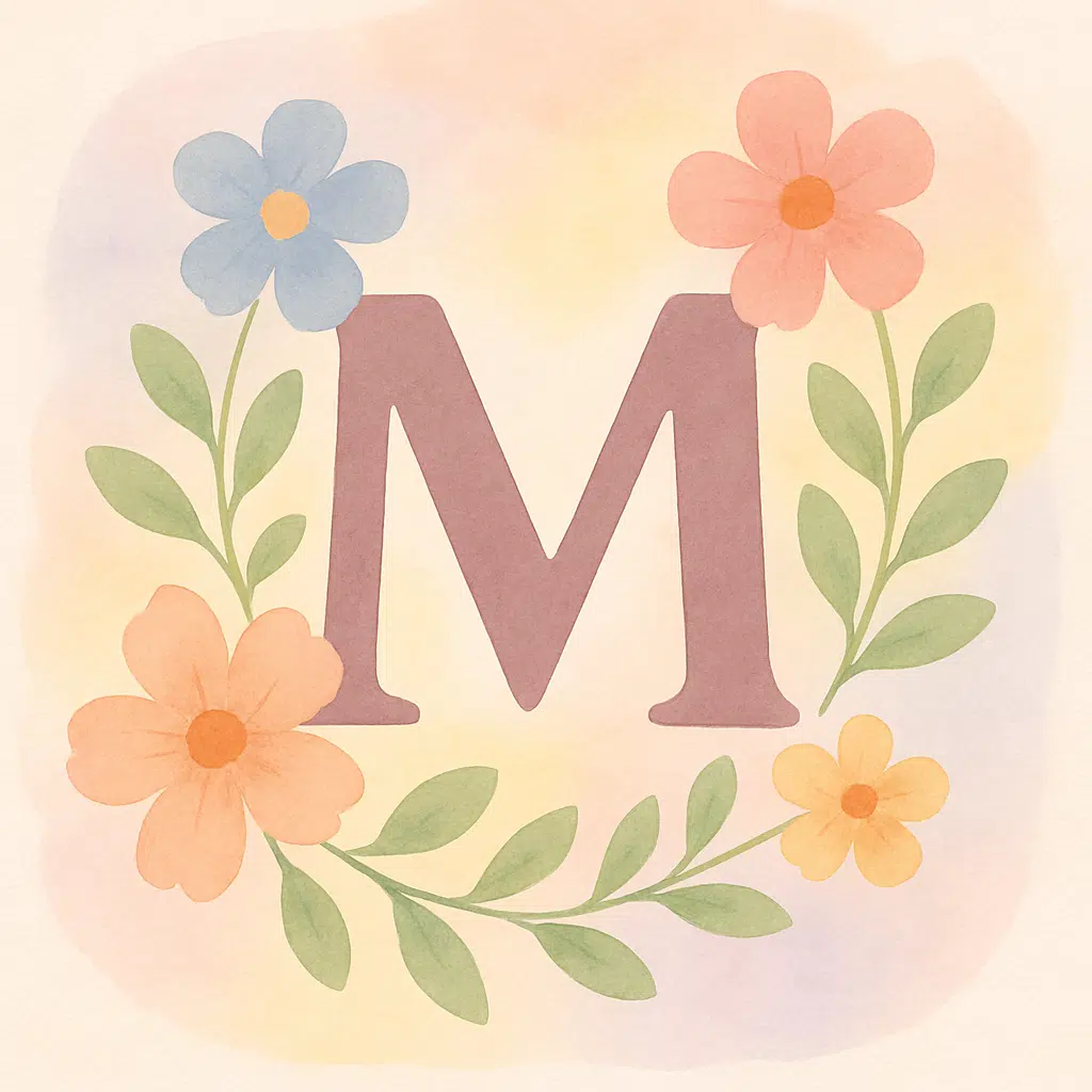 Illustration af bogstavet M omgivet af bløde pastelfarver og blomster, symboliserende pigenavne som Mira, Maia og Milena.