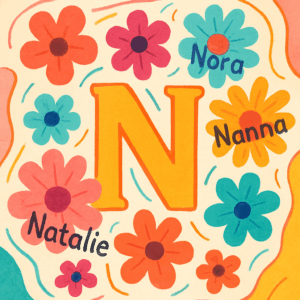 Farverig illustration med stort bogstav N omgivet af populære pigenavne som Nora, Natalie og Nanna.