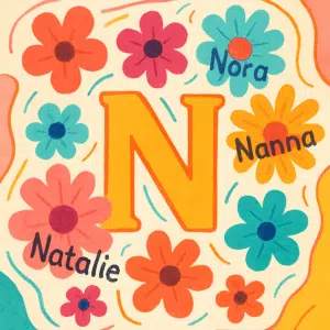Farverig illustration med stort bogstav N omgivet af populære pigenavne som Nora, Natalie og Nanna.