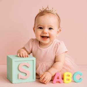 Smilende babyprinsesse med pastelfarvet S-bogstavblok og legetøjsbogstaver – symbol på sjældne pigenavne, der starter med S