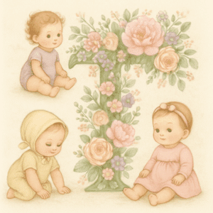 Bogstavet T i blomsterdesign omgivet af baby piger i pasteltoner som inspiration til pigenavne, der starter med T